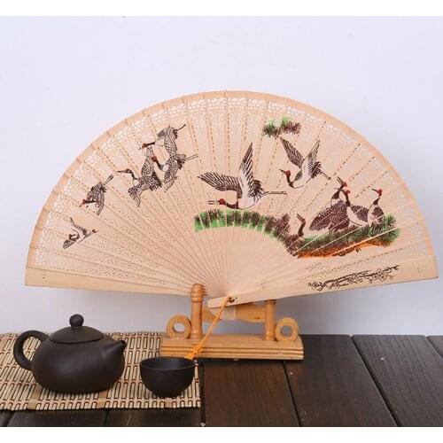 High-quality fragrant wood fan 11 colorful cranes hollow printing with incense fan box gift fan