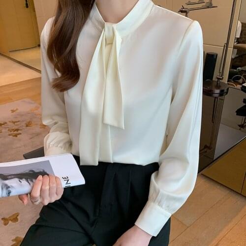 Pullover Shirt Womens Long Sleeve Shirts 2021 Autumn Blusas Female Tops Ladies Solid Color Satin Blouses Bow Casual Shirts 1103
