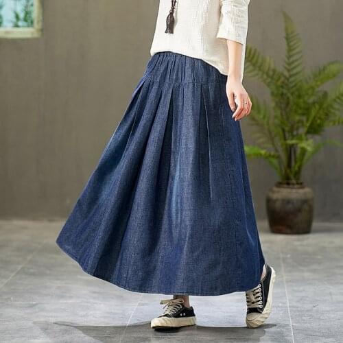 Free Shipping 2020 New Fashion Denim Summer Spring Blue Jeans Long Maxi Skirts Elasitc Waist Blue A-line Pleated Big Hem Skirts