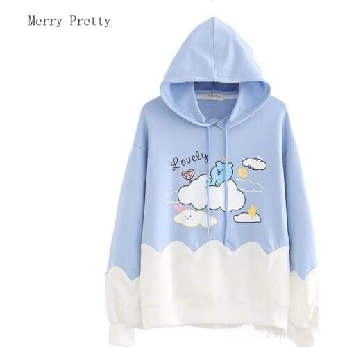 Cartoon Bear Print Casual Hooded Sweatshirt Women 2021 Summer Drawstring Hoodies Sweet Style Female Cotton Harajuku Cute Top