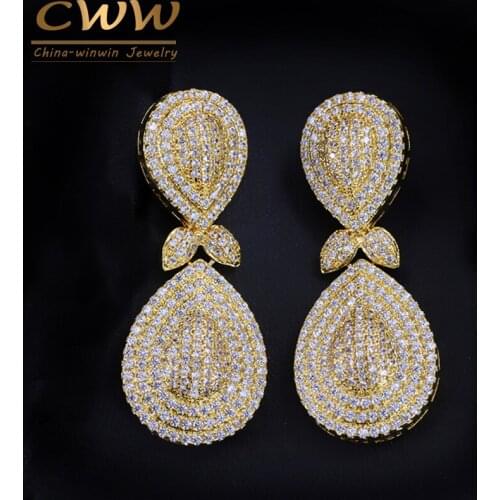 CWWZircons African Nigeria Design Jewelry Micro CZ Stones Pave Long Drop Dubai Gold Color Earrings for Women Party CZ266