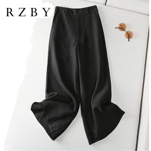 Cotton Linen Wide Leg Pants New 2021 Women Summer Simple Causal Style Vintage Solid Colot Ladies High Waist Trousers RZBY3611