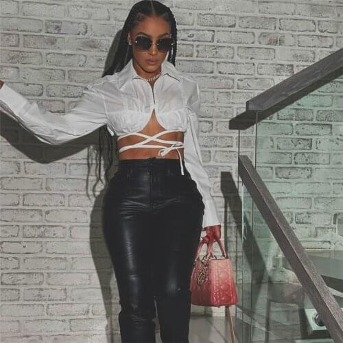 Y2k Women Tie Up Crop Tops Sexy Lapel V Neck Long Sleeve Solid Color Open Front Shirts for Shopping Street Strolling Vacation