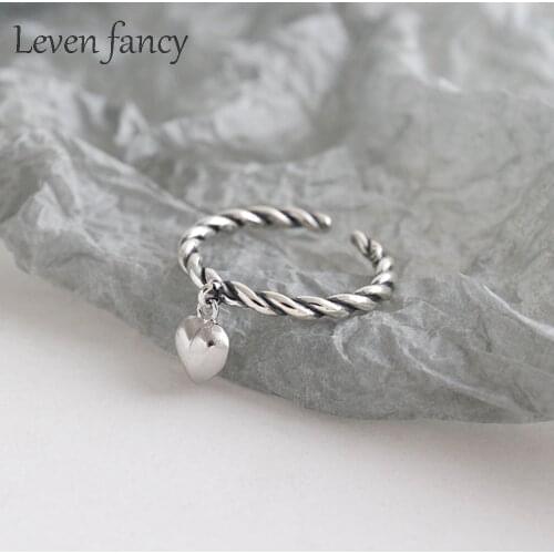 Genuine 925 Sterling Silver Twisted Gauge Heart Charm Finger Rings for Women Authentic Silver Jewelry Wedding Band Rope Ring