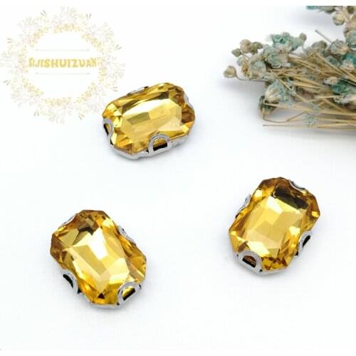 Golden yellow Rectangle Glass Crystal sewing rhinestones with silvery D shape claw Diy wedding dress accessories Free shipping
