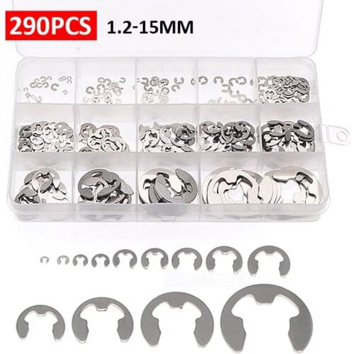 290pcs/set 304 Stainless Steel E Clip Retaining Ring Washer Kit Circlip Retaining Ring for Pulley Shaft
