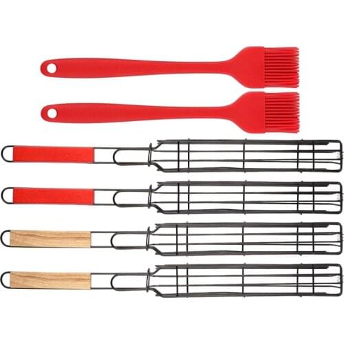 4 Pcs Kabob Grilling Basket,Reusable Durable Wooden Handle Barbecue Tool Grill Basket Grill Net with 2Pcs Silicone Brush