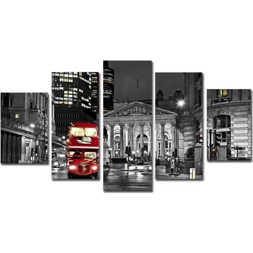 Canvas Wall Art Pictures Unframed Kitchen Restaurant Decor 5 Pieces Red Bus City Night View Living Room HD Printed Poster Paint