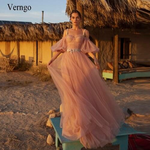 Verngo Elegant Pink Wedding Dress Puff Slevees Tulle A Line Bridal Gowns Lace Up Back Princess Robe de mariee 2021 New