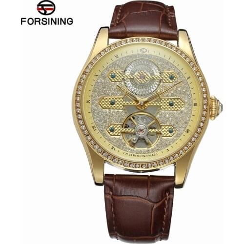 Forsining 2017 Design Genuine Leather Diamond Display Blue Hands Tourbillion Waterproof Mens Automatic Watches Top Brand Luxury