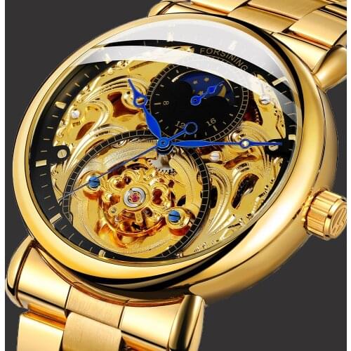 Forsining Brand Luxury Automatic Watch Men Skeleton Fashion Design Mens Tourbillon Mechanical Watches Gold Stainless Steel Band
