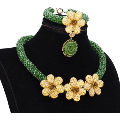 Dudo African Bridal Jewelry Set Crystal Green Necklace Earrings Bracelet Set With Gold Beaded Flowers 2019 Jewellery Set New