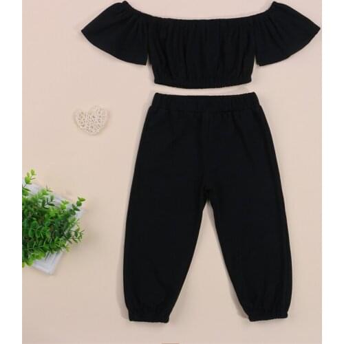 2 Piece Set Infant Summer Outfits Baby Girls Off-shoulder Solid Color Boat Neck Short Sleeve Crop Tops + Long Trousers for 1-6Y