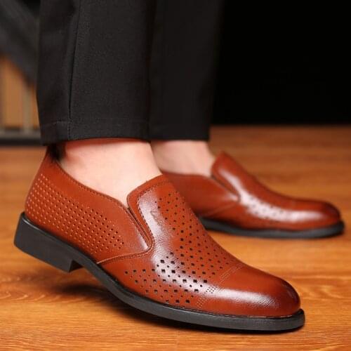 Man shoes cow leather genuine cut-outs slip-on breathable loafers Pop men shoes for wedding business plus size dfv78
