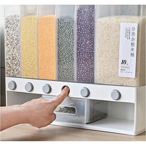Wall Mounted Divided Rice and Cereal Dispenser 6 Moisture Proof Automatic Racks Sealed Food Storage Box Rice Storage Container