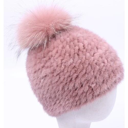 2020 New Real Mink fur hat women winter knitted fur beanies cap raccoon fur pom poms brand new thick female cap Elastic warm