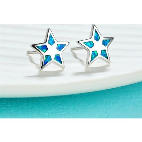 Luxury Female White Blue Opal Stone Earrings Rose Gold Silver Color Wedding Earrings Classic Star Small Stud Earrings For Women