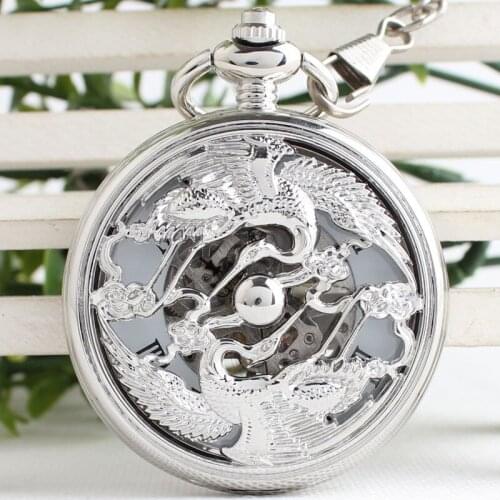 Silver Birds Hollow Clamshell Hand Wind Mechanical Pocket Watch Men Women Watches Skeleton Gears Watch Gift TJX039