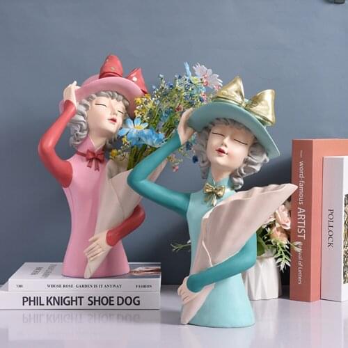 Cute Modern Girl Resin Figurine Art Statue Fashion Style Sculpture Ornaments Storage Plate Girl Vase Statue Home Decoration