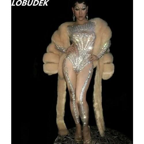 Bling Rhinestones Stretch Skinny Jumpsuits Silvery Crystals Bodysuit Leggings Prom Party Women Clothing Nightclub Singer Costume