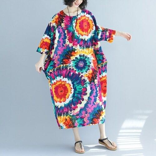 New 2019 Women Spring A Line Long Sleeve Art Ethnic Printed Plus Size O Neck Linen Flower Print Loose Dress