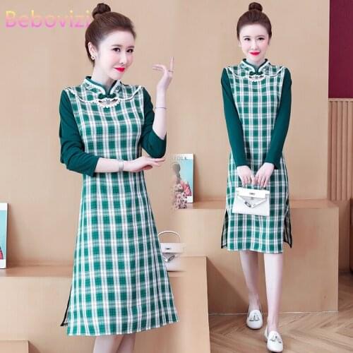 Plus Size M-4XL 2021 New Green Grid Long Sleeve Qipao for Women Chinese Cheongsam Dress Party Casual Clothing New Year