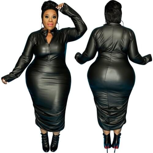 Plus Size Dresses for Women Zip Up Stretchy Long Sleeve Midi Dress Casual Black Punk Pu Leather Dress Wholesale Dropshipping