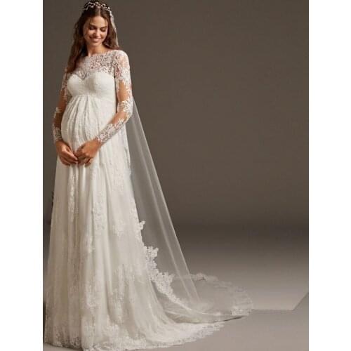 Robe Court Train Plus Size A-line Women Pregnant Wedding Dress O Neck Long Sleeves Bridal Gowns With Free Veil Backless