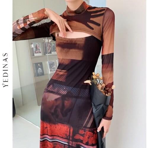 Yedinas 2 Piece Mesh Long Sleeve Punk Dress Women Turtleneck Long Midi Bodycon Ladies Dress Runway Fashion Designer Clothes 2021