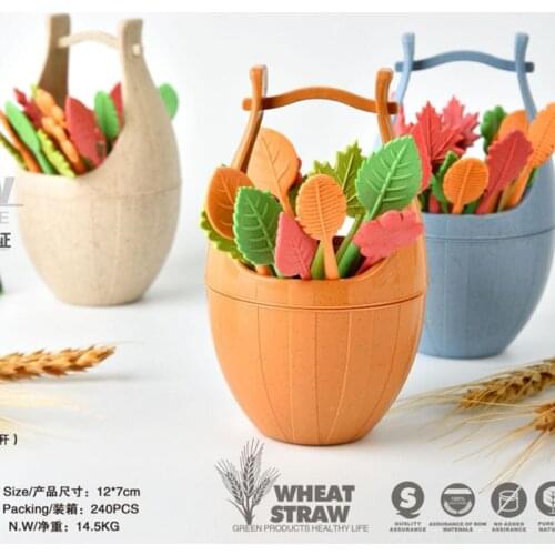 16pcs/set Biodegradable Fruit Fork Bucket Holder Leaves Shape Desert Forks Salad Vegetable BBQ Table Decor Bento Accessories