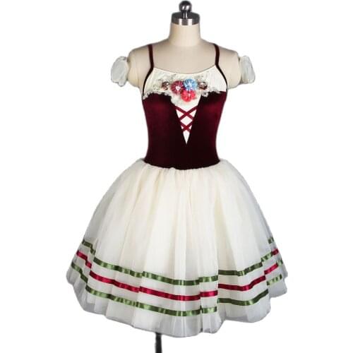 Camisole Style Velvet Bodice Ballet Dance Tutu For Girls and Women Romantic Tutu Skirt with 3 Rows of Ribbon Trim Tutus 20049