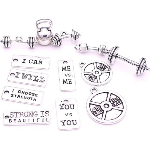 26pcs strength tags Kettle bell dumbbell barbell weight mix charms Sport charm Fit DIY Fitness Necklace Jewelry Making H3010-1