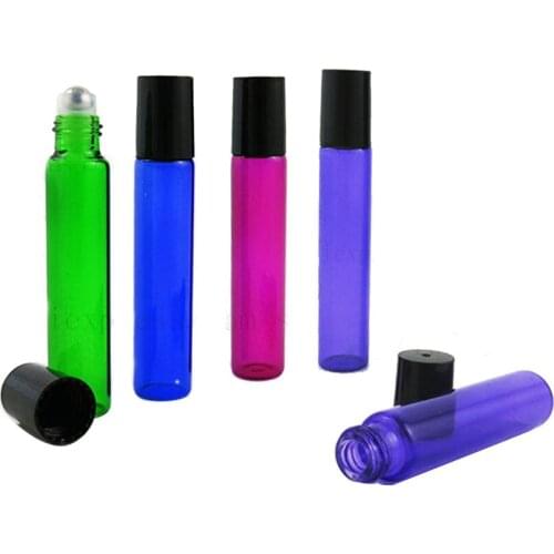 5pcs/lot 10ml Small Green Blue Rose Purple Glass Roll On Bottles for Perfume Essential Oils Vial With Stainless Steel Ball
