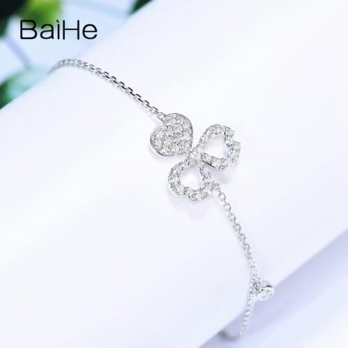 BAIHE Solid 18K White Gold 0.43ct H/SI Natural Diamonds Bracelet for Women Wedding Trendy Fine Jewelry Beautiful Clover Bracelet