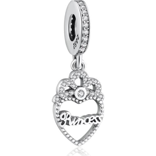 Authentic S925 Silver Princess Crown Heart Dangle Charm Clear CZ fit Pandora Bracelet For Women DIY Jewelry Making