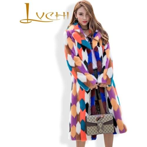 LVCHI Long Loose Colorful Natural Fur Coats 2019 Import Mink Fur Jacket Winter Polo Collar Women Outerwear Fashion Sweet Coat