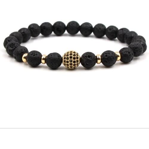 FYJS Unique Round Ball Inlay Zircon Connect 8 mm Black Lava Stone Beads Stretchy Bracelet for Christmas Gift