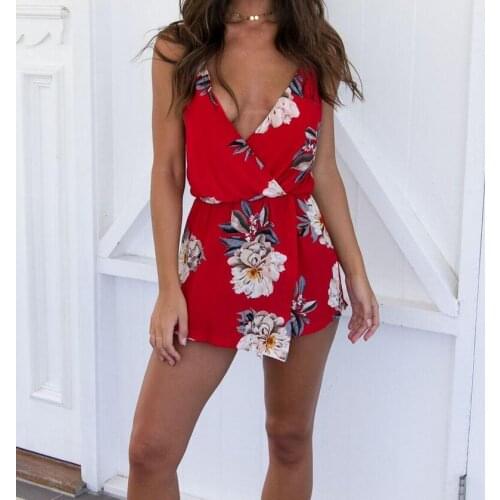 Elegant jumpsuit romper Red Strap V Neck floral print Sexy backless summer hollow out playsuit Women boho short overalls