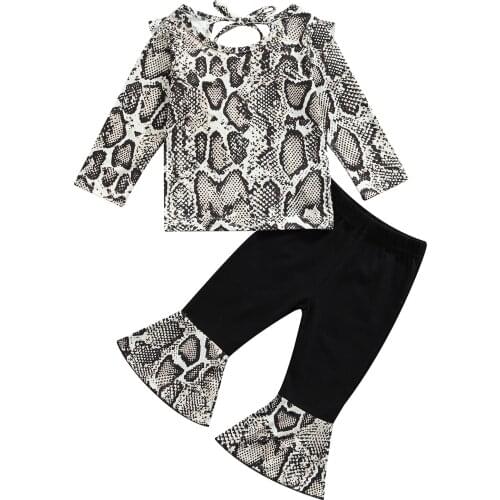 FOCUSNORM 1-5Y Autumn 2pcs Baby Girls Clothes Sets Snakeskin Printed Long Sleeve T Shirts Elastic Flare Pants