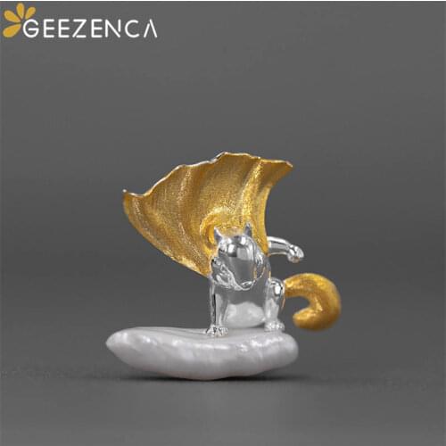GEEZENCA 925 Sterling Silverr Squirrel Cloak Natural Pearl Brooches For Men Women Cute Lovely Animal Brooch Pendant 2 In 1