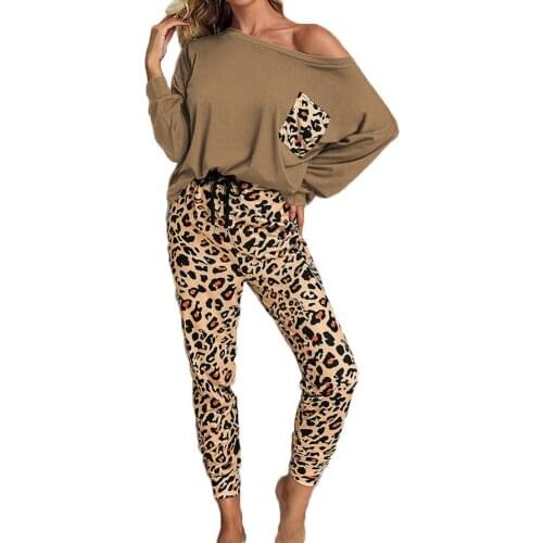 Pant Sets Women Long Sleeve Leisure elegance Blouse Top Skinny Pants Leopard Loungewear Homewear Outfit Womens Clothing 2021