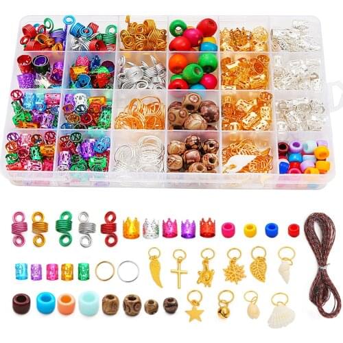 Metal African Hair Rings Beads Cuffs Tubes Charms Dreadlock Dread Hair Braids Kit Jewelry Decoration Braiding Accessories Box