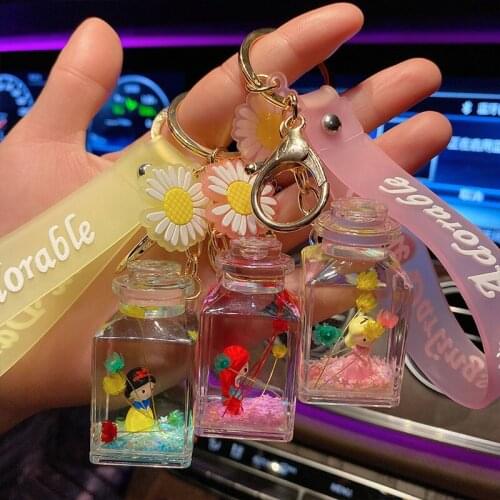 Fashion Moving Liquid Keychain Cute Princess Quicksand Bottle Key Chains Bag Car Pendant Keyring Trinket Keyfob Gifts for Women