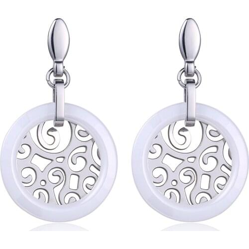 SHINYGEM Fashion Round Stainless Steel Ceramics Earring Hollow Drop Dangle Double Circle Delicate Ceramic Earring For Women Gift