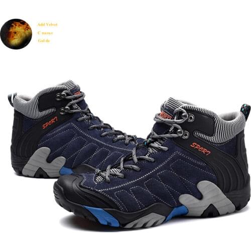Brand Winter Outdoor Blue Leather Hiking Shoes Men Warm Trekking Boots For Male Non Slip Climbing Mountain Shoes Men Size 38-45
