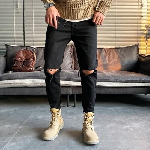 Men 2021 Spring Summer Thin Jeans Cool Pencil Pants Male Hole Ripped Stretch Denim Pants Men Solid Color Slim Trousers W525