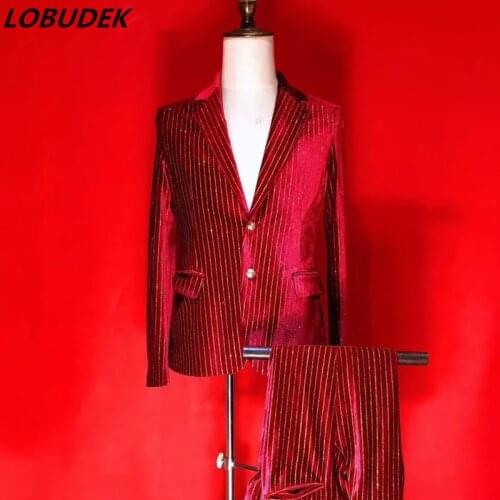 Bar Nightclub Mens Singer Host Stage Solid Red Suit Gold Stripe Blazers Pants Velvet Suits Wedding Dress Formal Show Costume
