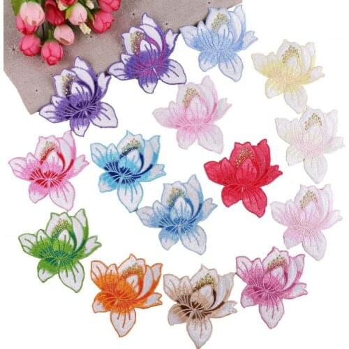 New Arrival 3" Lotus Patches Magnolia Flower Embroidered Iron on Patch DIY Sewing Craft