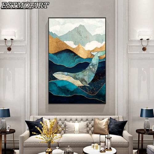 Custom print Blue and Gold Whale Animal Poster Landscape Abstract Art Canvas Painting Interior Decoration for Home Wall Picture