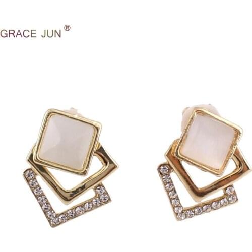 GRACE JUN Rhinestone Opal Square Shape Geometric Shape Clip on Earrings Fashion Luxury Bridal Wedding No Hole Earrings Good Gift